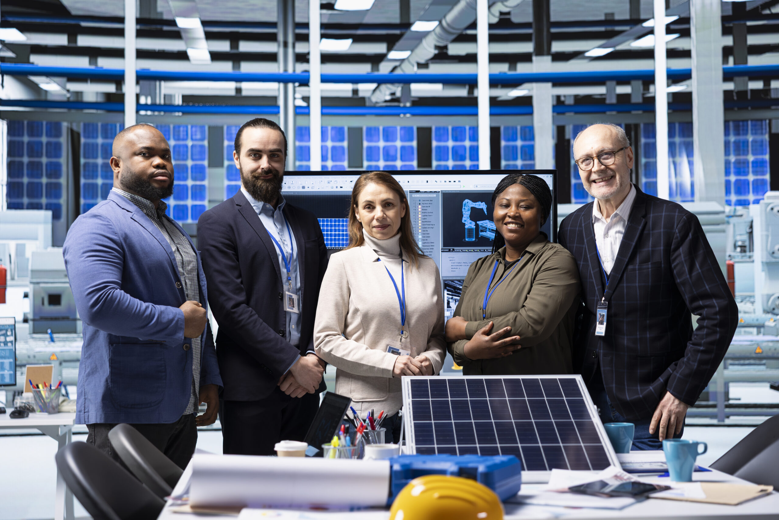portrait of smiling industrial plant shareholders conducting research portrait of smiling industrial plant shareholders conducting research